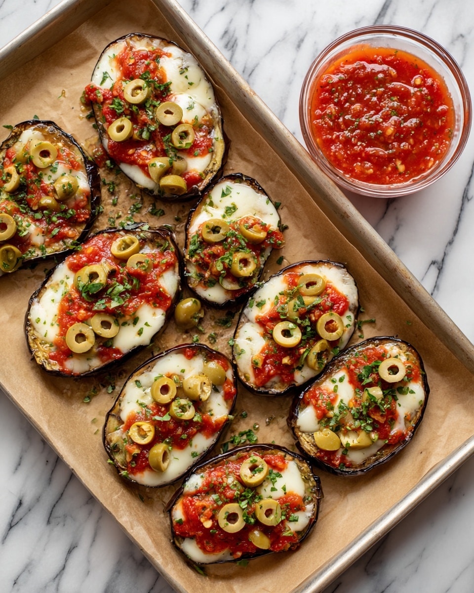 The image shows eight oval eggplant slices arranged on a baking tray lined with light brown paper. Each slice has a dark purple outer skin and a light beige center. They are topped with a smooth, creamy off-white sauce spread unevenly, small round yellow and red tomato slices, and rings of green olives, all contrasting with the red tomato sauce beneath. The baking tray sits on a white marbled surface. Nearby, there is a clear glass bowl filled with vibrant red tomato sauce mixed with chopped garlic, dried herbs, and coarse salt, all sitting on the same white marbled surface. photo taken with an iphone --ar 4:5 --v 7