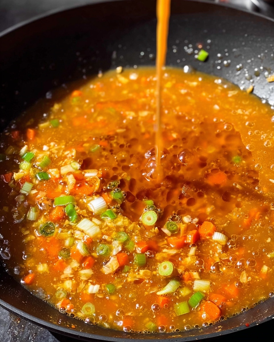 A black pan filled with a thick orange sauce that has bubbles on the surface. Mixed into the sauce are small chopped vegetables including pale green slices resembling scallions and small chunks of bright orange carrots. There is a thin steady stream of the same orange liquid pouring down into the center of the pan, causing ripples and bubbles. The pan has droplets of sauce and moisture scattered around its sides. The scene is lit brightly from the top left, casting clear shadows on the sauce and vegetables. Photo taken with an iphone --ar 4:5 --v 7
