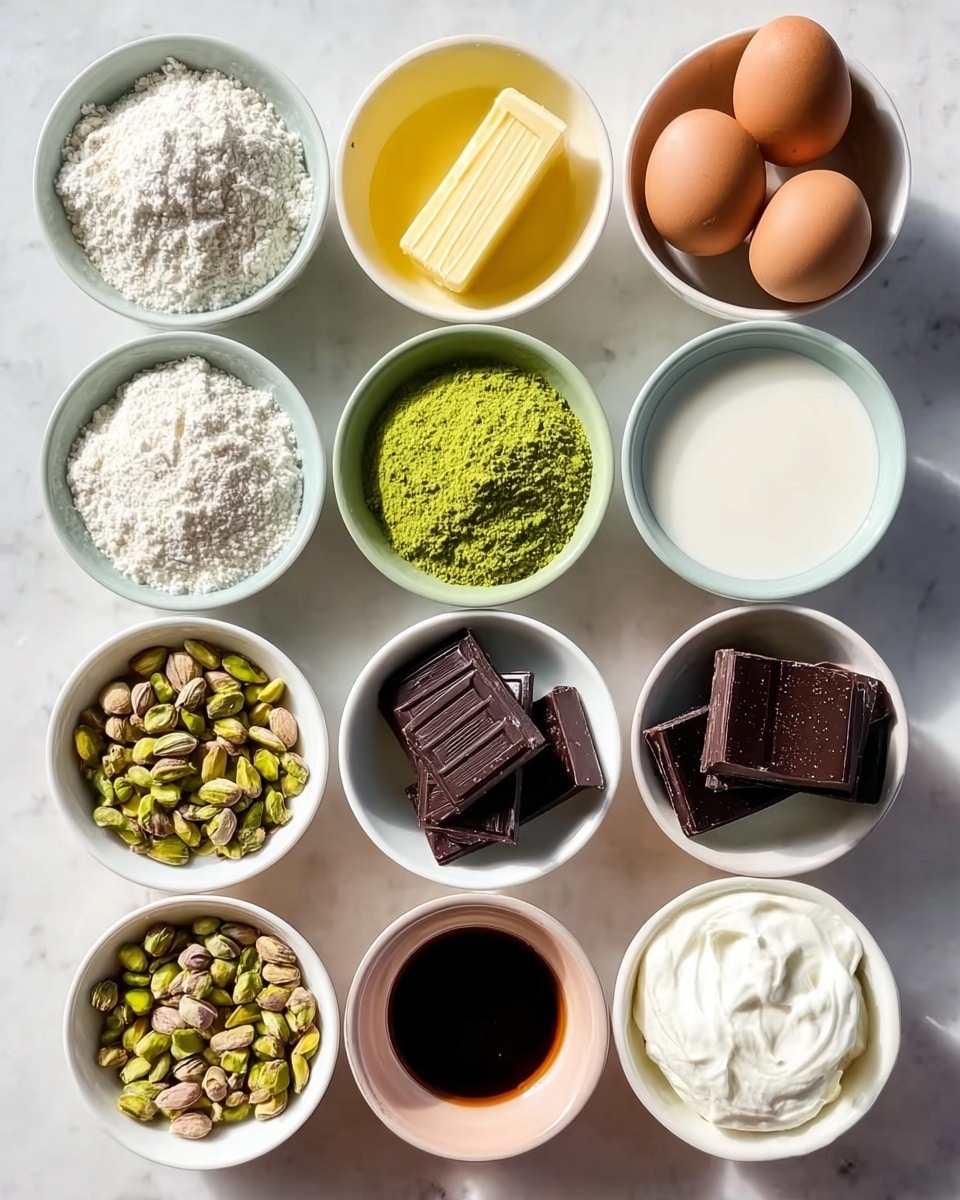 Twelve small white bowls are arranged in a neat 4x3 grid on a white marbled surface with soft light and no shadows. The top row has three bowls with flour, smooth yellow butter, and three brown eggs. The second row contains milk, a bowl full of unshelled pistachios, and bright green matcha powder. The third row shows white powdery sugar, a bowl of dark vanilla extract, and thick dark chocolate squares. The bottom row includes creamy white yogurt, another bowl with white flour, and a few shelled chopped pistachios. The colors contrast nicely with the white bowls and marble, making the ingredients look fresh and ready to use. photo taken with an iphone --ar 4:5 --v 7