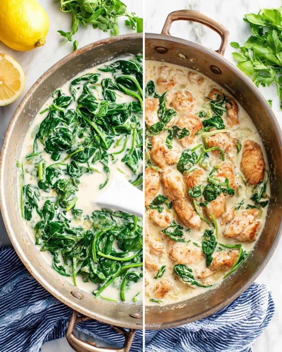 The image shows a metal pan placed on a white marbled surface with a blue and white striped cloth underneath. Inside the pan, there are two stages of cooking creamy spinach chicken. The left side shows fresh dark green spinach leaves floating in white creamy sauce, with a white spoon stirring gently. The right side shows the same creamy sauce with cooked pieces of light brown chicken mixed with wilted spinach leaves, floating evenly in the sauce. There are also two lemons and some fresh green herbs in the top corners of the image. Photo taken with an iphone --ar 4:5 --v 7