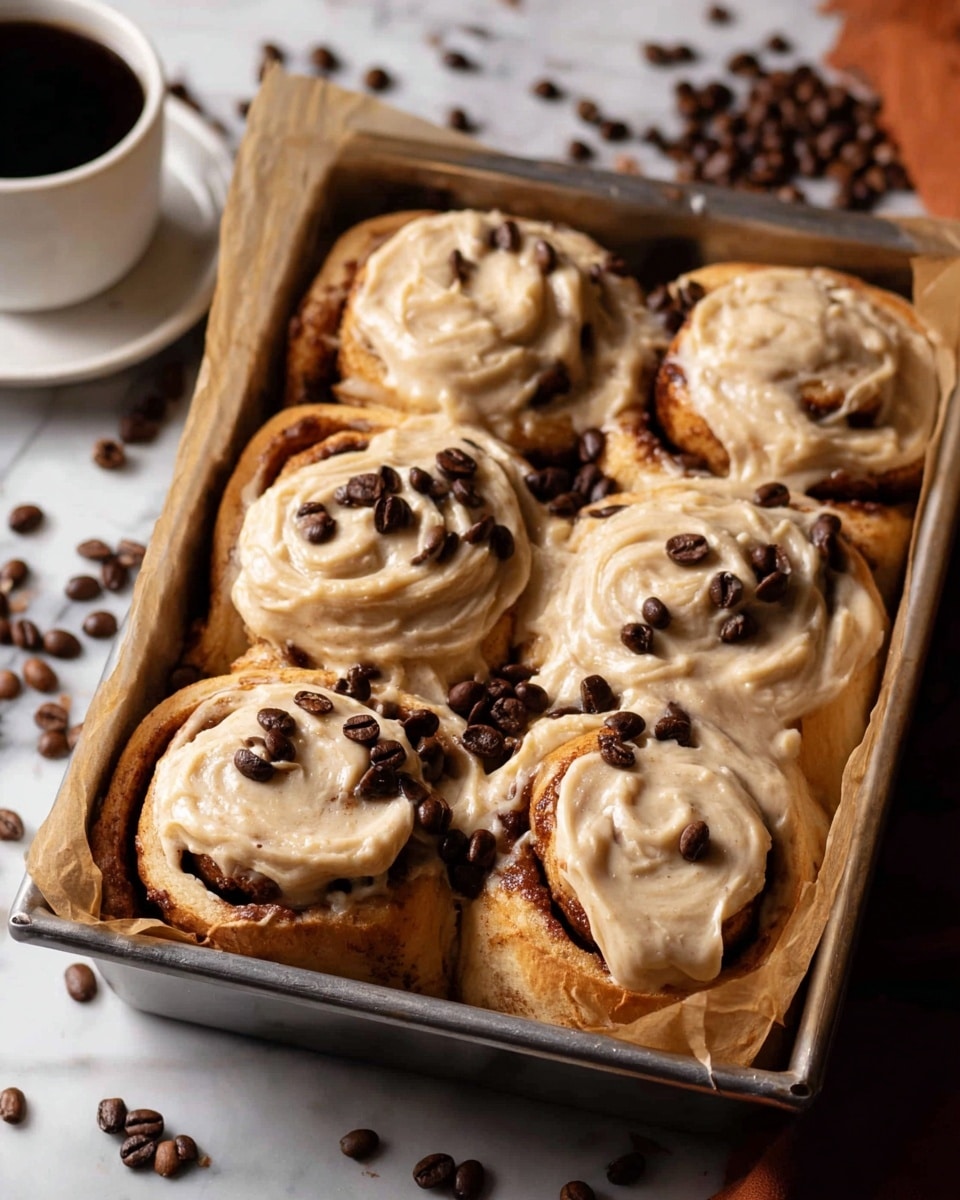 The image shows nine cinnamon rolls in a metal baking tray lined with parchment paper, arranged closely in three rows. Each roll has a thick layer of light beige creamy frosting spread unevenly over the top, with some frosting dripping down the sides. Dark brown coffee beans are scattered on top of the frosting, adding texture and contrast. The cinnamon rolls are golden-brown with visible swirls of cinnamon inside. The tray sits on a white marbled surface with coffee beans and a small white ceramic cup of black coffee in the background. The scene is warm and cozy, with a clear focus on the soft, frosted cinnamon rolls. photo taken with an iphone --ar 4:5 --v 7