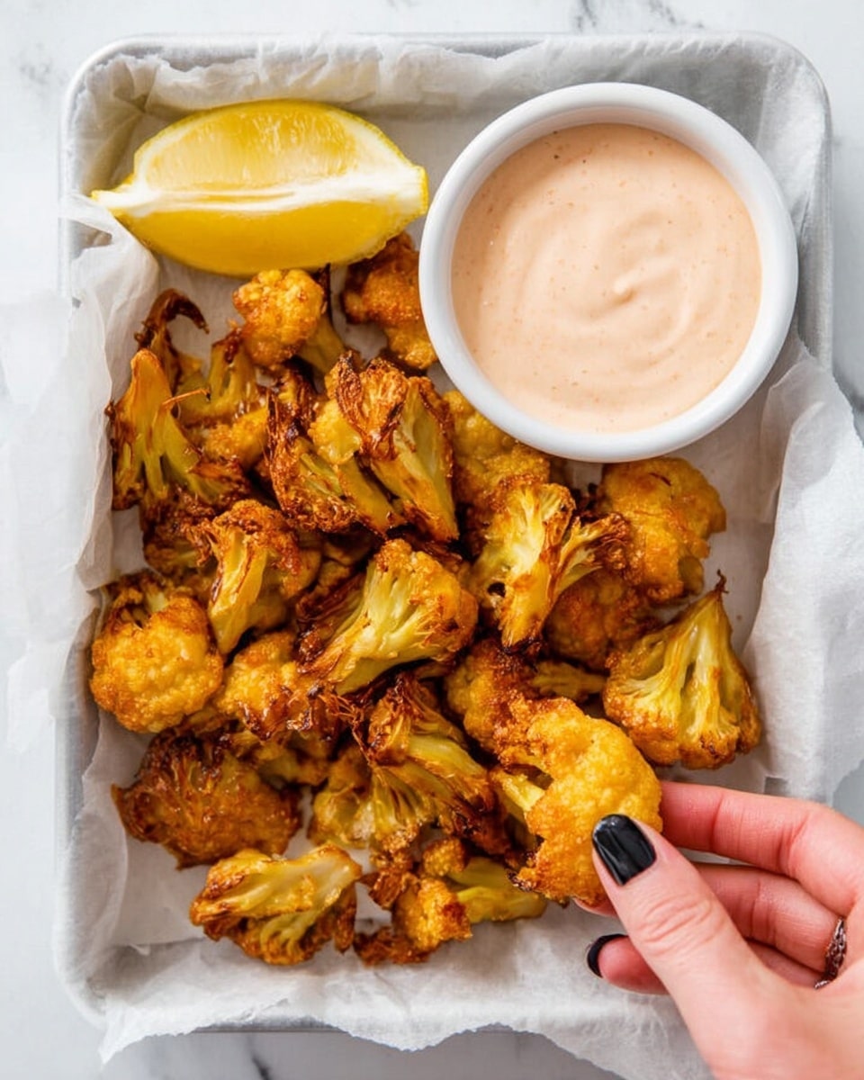 A white tray lined with white parchment paper holds a pile of golden-brown fried cauliflower pieces with crispy edges. On the top left of the tray sits a bright yellow lemon wedge. On the right side, there is a small white bowl filled with light pink dipping sauce. A woman's hand with black nail polish is holding one fried cauliflower piece, dipping it into the sauce. The background surface is a white marbled texture photo taken with an iphone --ar 4:5 --v 7
