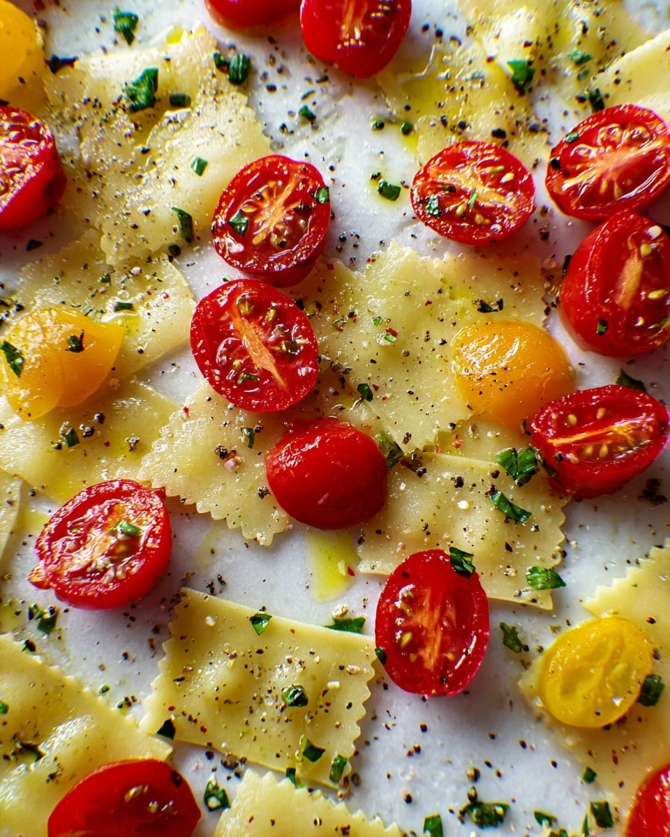 The image shows a close-up of a white marbled surface with scattered halved bright red cherry tomatoes, small flat pieces of pale yellow pasta, and small green herb flakes spread evenly across. The tomatoes reveal juicy interiors with seeds visible, while the pasta pieces have a smooth, slightly shiny texture. Tiny drops of oil add a glossy finish, and black pepper specks are sprinkled over the scene, creating a fresh and colorful mix. photo taken with an iphone --ar 4:5 --v 7