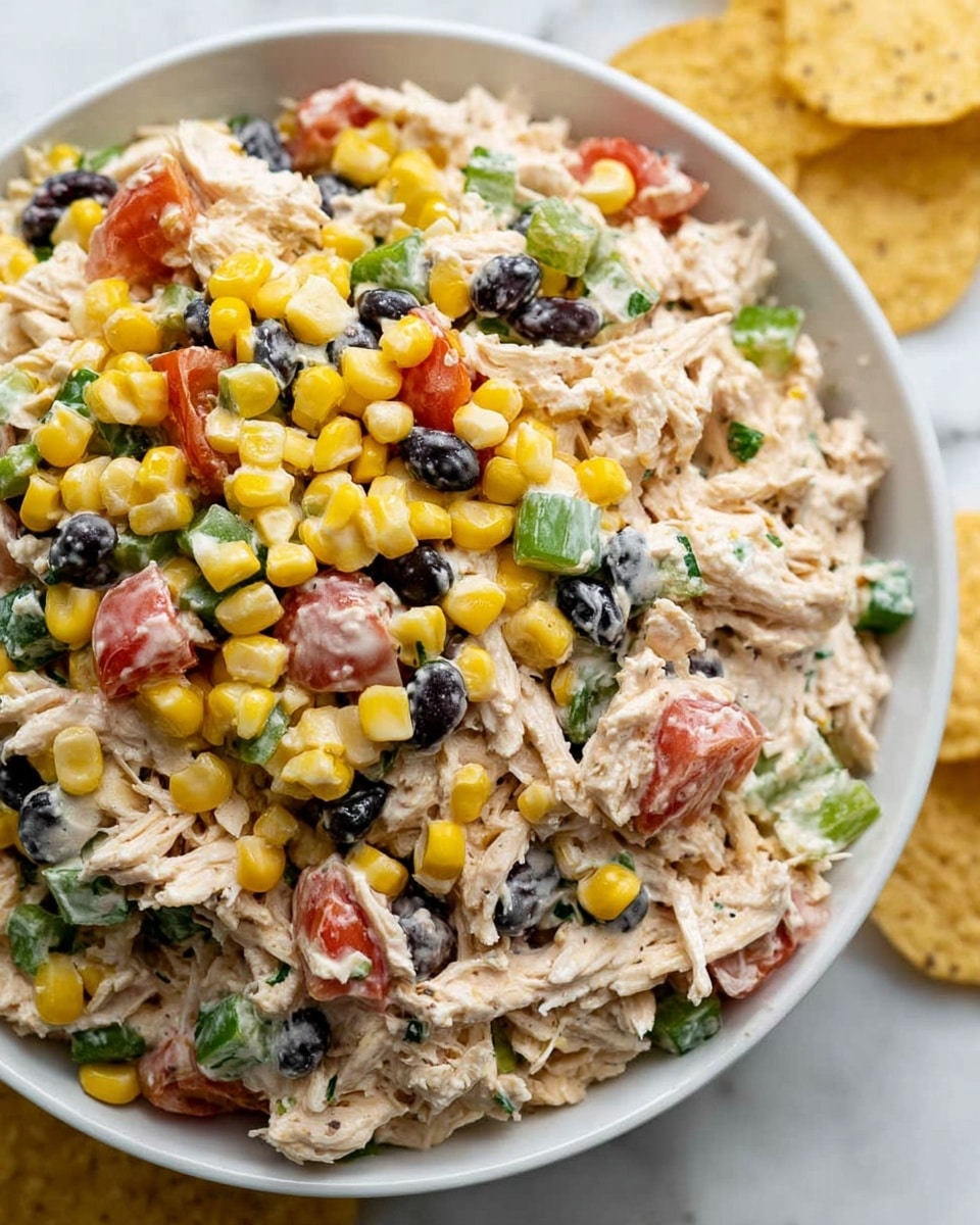 The image shows seven small white dishes with different ingredients arranged on a white marbled surface. In the center is a white bowl filled with shredded light beige rotisserie chicken. Around it are square white bowls holding black beans with a shiny, dark texture, chopped green peppers with a bright green color, diced red peppers with a vibrant red shade, and yellow corn kernels. There are two clear round bowls, one containing chopped green onions with a fresh light green color and the other filled with chopped cilantro, which is darker green and leafy. At the top right is a white ceramic pitcher with creamy tan dressing inside. The setup is neat and bright with a clean, fresh look photo taken with an iphone --ar 4:5 --v 7