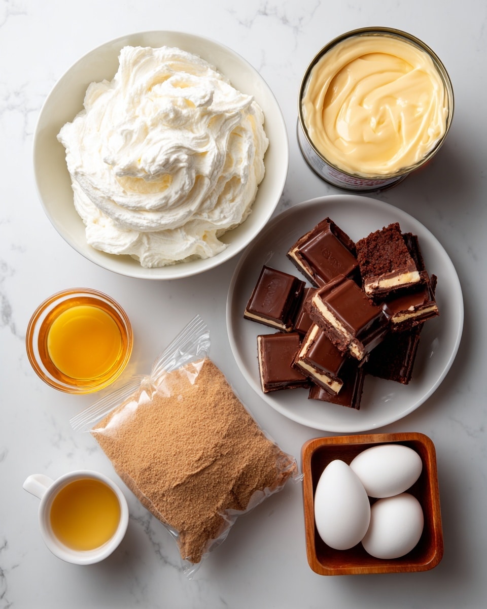 The image shows ingredients arranged neatly on a white marbled surface: a white bowl filled with fluffy white cool whip on the top left; an open can of pale yellow sweetened condensed milk on the top right; a jar of smooth caramel sauce with a light brown color just below it; four wrapped Heath bars with shiny dark brown and orange packaging clustered in the middle; a clear plastic bag filled with light brown devil's food cake mix on the bottom left; a small white cup with golden yellow oil near the bottom right; and a square wooden bowl holding three white eggs at the bottom right corner. The arrangement is clean and well-spaced for clear viewing photo taken with an iphone --ar 4:5 --v 7