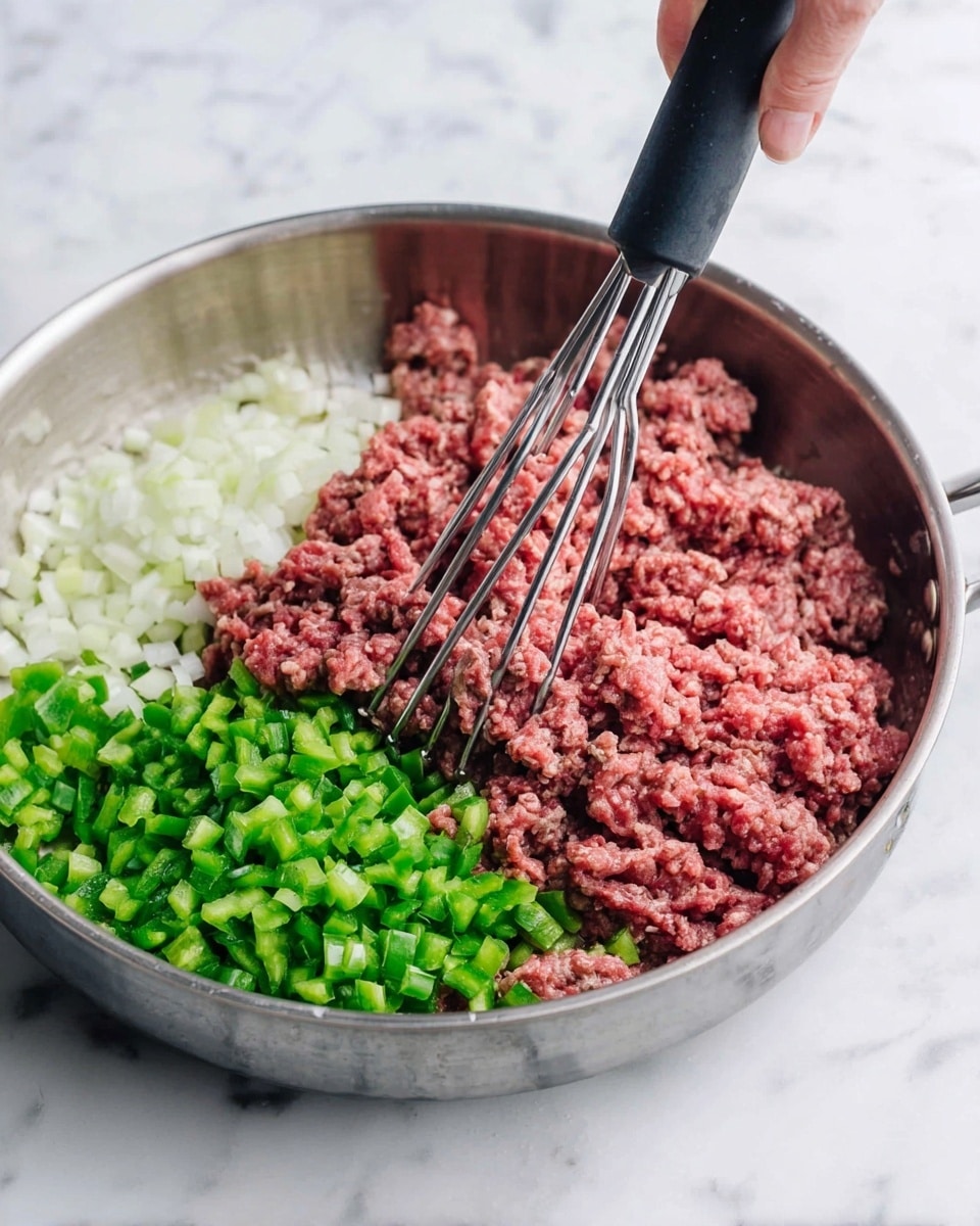 This image shows a shiny silver frying pan on a white marbled surface filled with three layers of ingredients being cooked. The left side has a layer of mixed white and green chopped onions, while next to it is a layer of small bright green chopped bell peppers. The largest layer on the right and bottom is raw ground meat in shades of pink and red with a metal potato masher pressing down on it from the top center. A woman's hand holds the black handle of the masher. Photo taken with an iphone --ar 4:5 --v 7