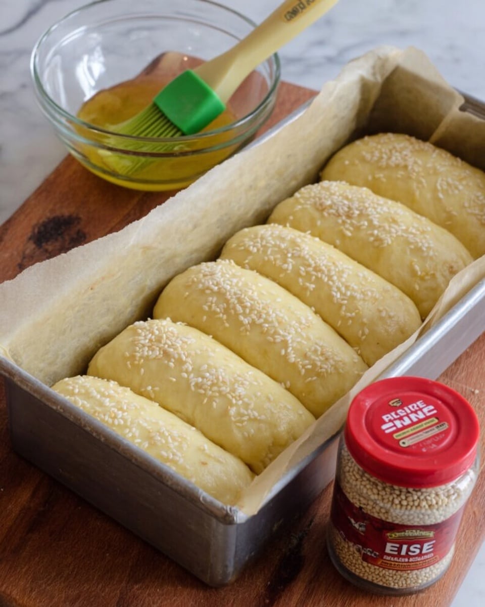 The image shows a metal rectangular baking pan lined with white parchment paper, filled with eight pieces of dough placed in a row. The dough is pale yellow, smooth, and slightly shiny with white sesame seeds sprinkled on top. Next to the pan on a wooden surface, there is a small clear glass bowl containing a yellow liquid with a green silicone brush resting inside it. In front of the bowl, there is a red-capped jar of sesame seeds lying on its side with its label visible. The background is a white marbled texture. photo taken with an iphone --ar 4:5 --v 7