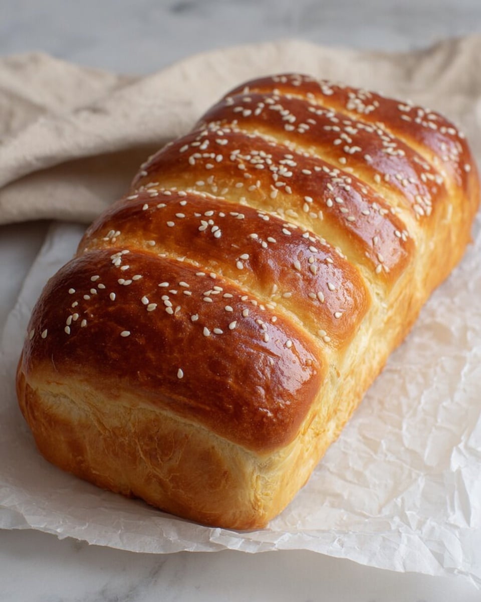 A golden brown loaf of bread with a shiny crust is shown resting on white crinkled paper placed on a white marbled surface. The loaf has a soft, fluffy texture with a light gradient from the darker top to the lighter sides. It is topped with small white sesame seeds spread evenly across the surface. The bread is segmented into eight sections with slight indentation lines running vertically. A light beige cloth is softly folded and placed behind the bread. photo taken with an iphone --ar 4:5 --v 7