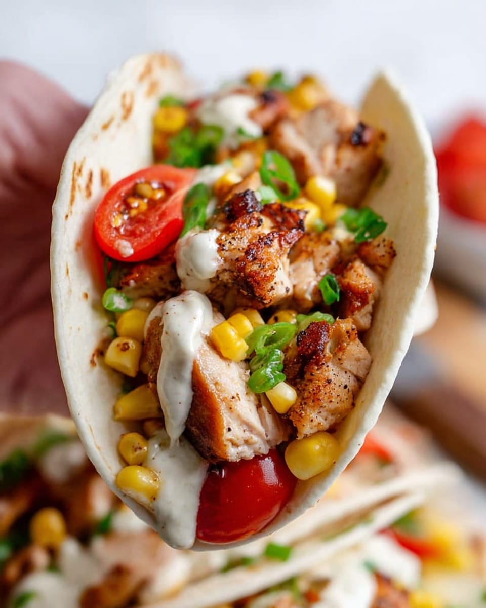 A close-up view of a white soft taco shell filled with layers of ingredients, held by a woman's hand. The first layer inside the shell is creamy white sauce that partially drips on the side. On top of the sauce, pieces of browned, grilled chicken with a slightly crispy texture sit alongside yellow corn kernels. Bright red cherry tomato halves and green chopped onions add fresh colors, scattered evenly throughout the taco. The background has a white marbled texture with blurred taco details, and the image is focused on the taco's filling. photo taken with an iphone --ar 4:5 --v 7