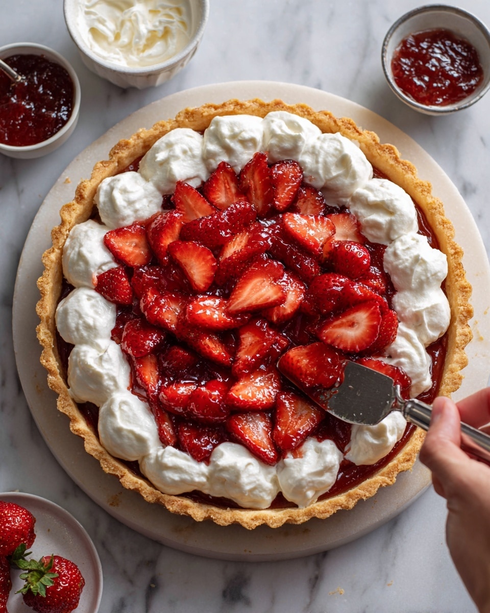 The image shows four steps in making a strawberry tart on a white marbled surface. The tart has a golden brown crust filled with a red shiny strawberry jam layer. In the top left (step 9), a woman's hand is using a metal spatula to spread the jam smoothly inside the crust. In the top right (step 10), there are several dollops of white whipped cream placed in the center on top of the jam. In the bottom left (step 11), a woman's hand is spreading the whipped cream evenly over the jam with a spoon so the whole surface is covered. In the bottom right (step 12), thin red strawberry slices are being arranged closely in rows covering half of the white whipped cream layer inside the tart crust. The surrounding white marbled surface holds small bowls of other ingredients like jam and strawberries. photo taken with an iphone --ar 4:5 --v 7