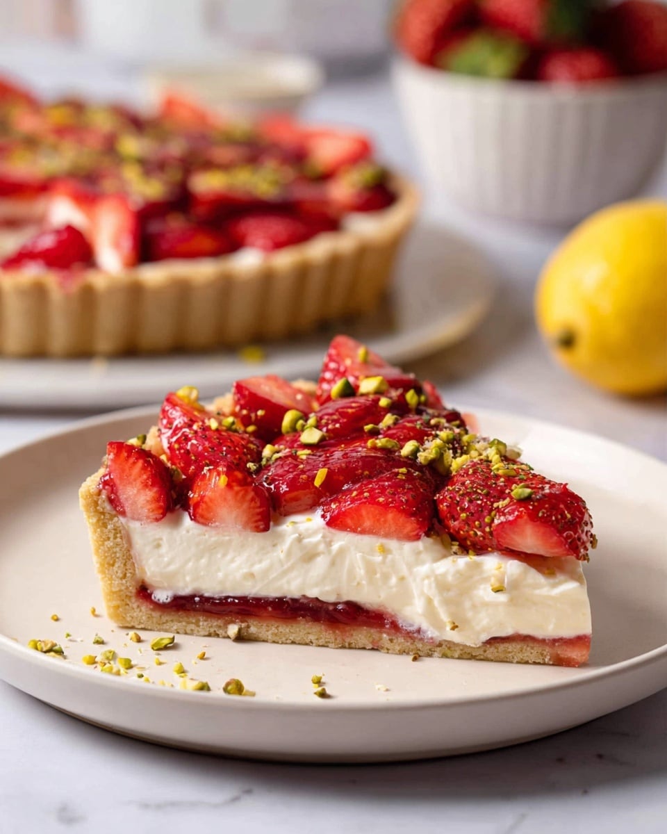 A slice of tart sits on a white plate over a white marbled background, showing four clear layers: a light golden crust base, a thin layer of red fruit jam, a thick creamy white filling with soft, fluffy texture, and a topping of overlapping bright red strawberry slices sprinkled with small chopped green pistachios. In the background, the rest of the tart with the same strawberry topping is visible on a white plate, with blurred elements including a white bowl of strawberries and a yellow lemon. Photo taken with an iphone --ar 4:5 --v 7