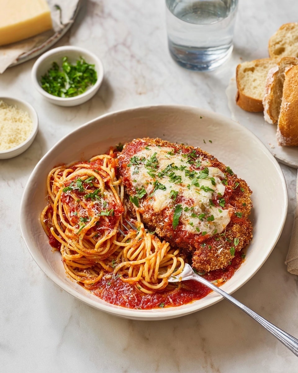 A white bowl filled with spaghetti pasta coated in bright red tomato sauce with visible herbs. On top, there are thick layers of light golden cooked chicken pieces, covered with melted white cheese and green herb garnish. A silver fork lifts a piece of chicken along with some spaghetti, showing the tender inside of the chicken. The background has a white marbled texture. photo taken with an iphone --ar 4:5 --v 7