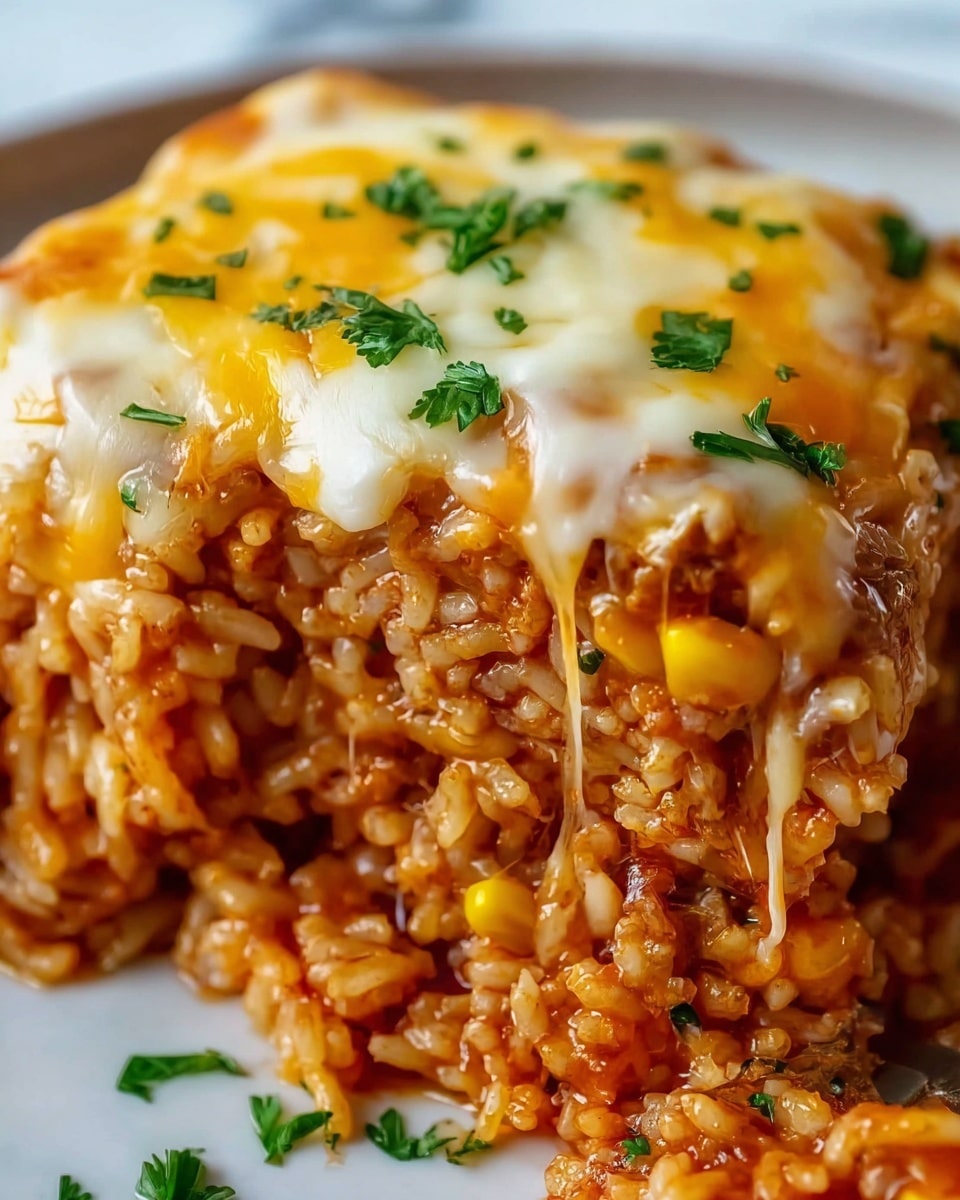 The image shows a close-up of a cheesy rice dish with two visible layers. The bottom layer is made of cooked rice mixed with small pieces of corn and a reddish sauce, giving it a moist and textured look. The top layer is melted cheese with two colors, golden yellow and white, spread thickly over the rice, with some cheese strings stretching between the layers. Small green parsley pieces are scattered on top, adding a fresh contrast. The dish is placed on a white plate on a white marbled surface. Photo taken with an iphone --ar 4:5 --v 7