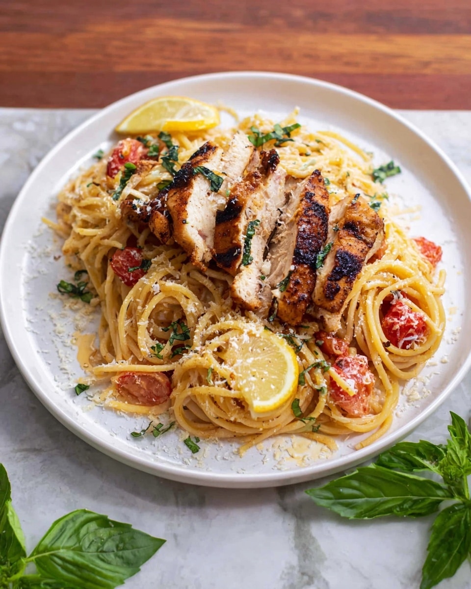 The dish shows a white plate filled with a base layer of light yellow cooked linguine pasta mixed with chunks of red tomato and small green basil leaves. On top of the pasta, there are five thick pieces of grilled chicken with a golden brown, slightly charred surface and white inside. The chicken is sprinkled with thin white shreds of cheese and green herbs. There are small pieces of lemon wedges placed on the edges of the plate. A silver fork is twirling some pasta on the right side of the plate, with the tines partially buried in the noodles. The plate rests on a white marbled surface. Photo taken with an iphone --ar 4:5 --v 7