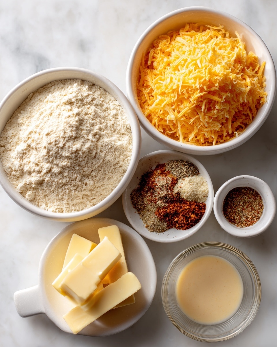 The image shows five ingredients in different white bowls and a small white stick holder on a white marbled surface. On the top left, there is a white bowl filled with light beige flour. To its right, a larger white bowl contains bright orange shredded cheese. Below the flour, a small white bowl holds a mix of brown and white seasonings, creating a soft textured pile. To the right of the seasonings, there is a clear glass bowl with a beige smooth liquid labeled