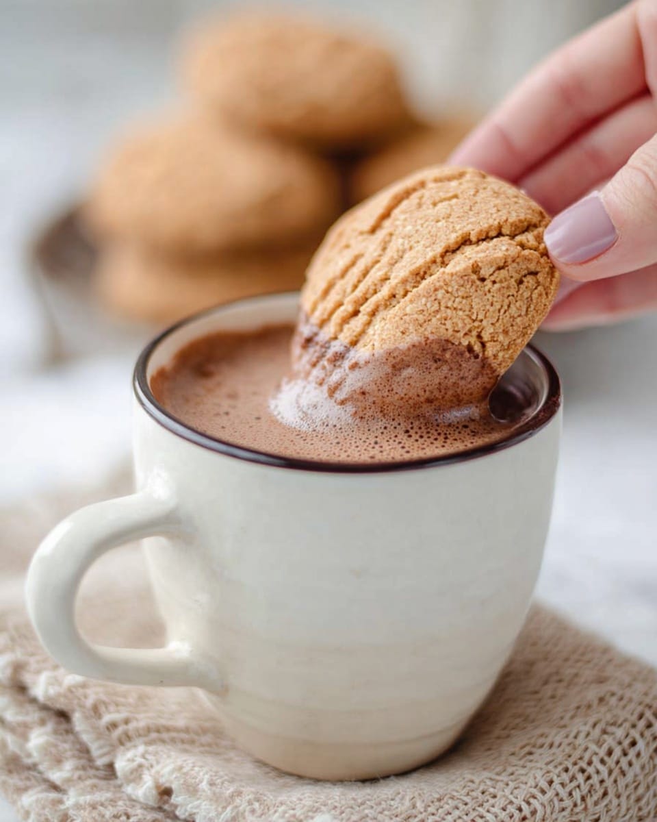 A woman's hand is holding a light brown, soft cookie with a textured top, partially dipped into a tall white ceramic mug filled with frothy hot chocolate. The mug has a thin dark rim near the top and a handle on the left side. The mug is placed on a beige woven cloth on a white marbled surface. In the blurred background, more similar cookies are visible. Photo taken with an iphone --ar 4:5 --v 7