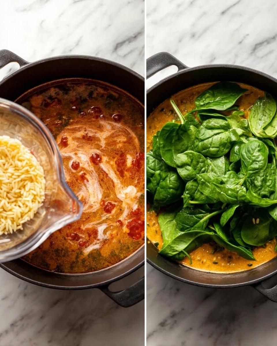 The image shows two black pots on a white marbled surface. The pot on the left contains a reddish-brown liquid with swirls of cream or sauce on the surface, some small red spots scattered around, and orzo pasta being poured in from a clear measuring cup on the left side. The pot on the right has a creamy orange-brown sauce as the base layer, covered on top with a large pile of fresh, bright green spinach leaves, mostly whole and slightly overlapping. The lighting is bright and natural, highlighting the glossy texture of the sauce and leaves. photo taken with an iphone --ar 4:5 --v 7