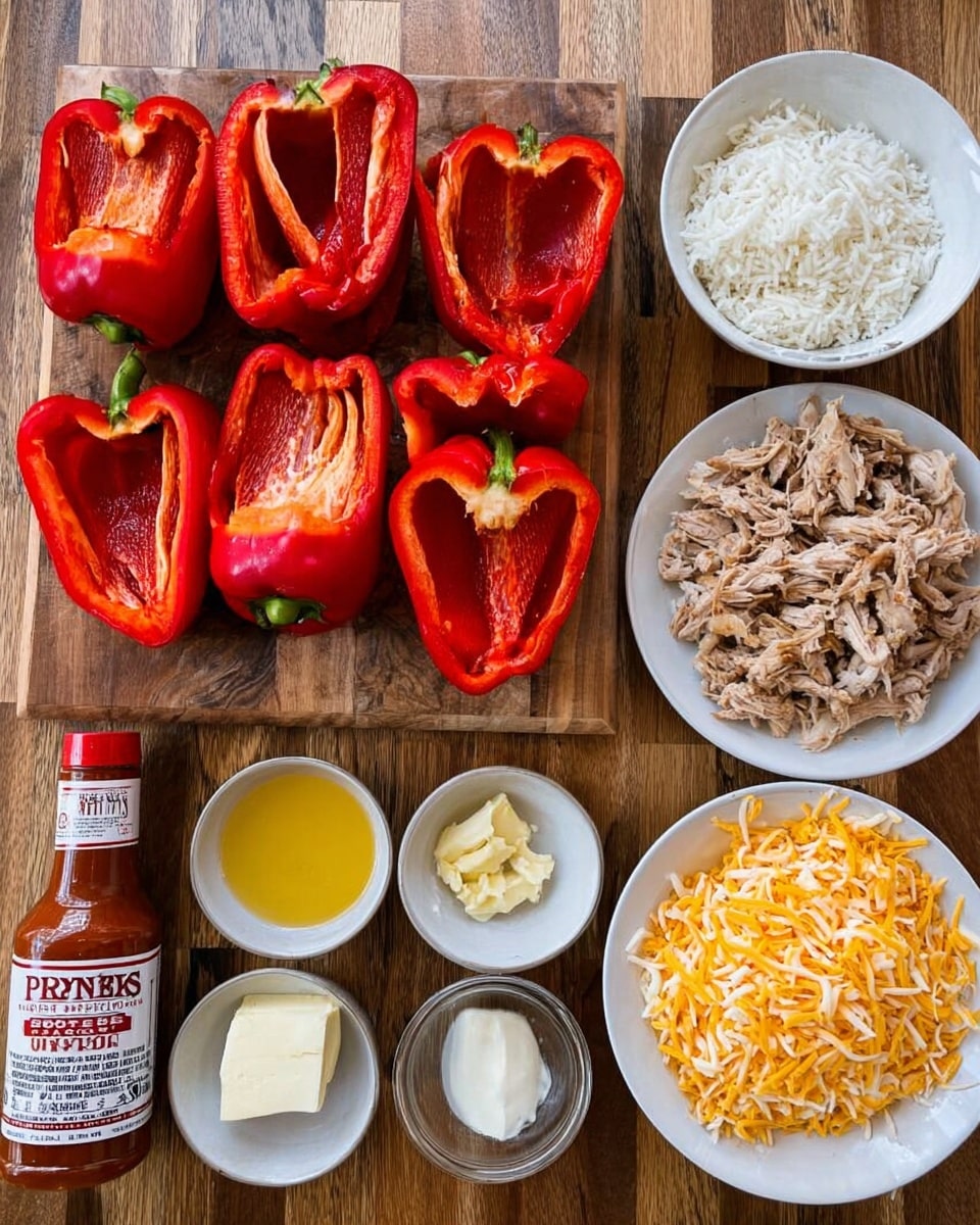 The image shows a wooden table with different ingredients laid out for making stuffed peppers. On the left side, there are ten red bell peppers cut in half lengthwise with the inner seeds removed, bright red with green stems still attached, placed on a wooden board. To the right, several bowls and plates contain different ingredients: a white bowl is filled with plain white rice; below it, another white bowl holds shredded cheese in yellow and white colors; next to them, a white plate has shredded light brown cooked meat. Above these, three small white bowls contain minced garlic, yellow melted butter, and a white block of cream cheese. On the far right, there is a brown bottle of Frank's RedHot Wings Buffalo sauce. The whole setup is on a wooden surface replaced with a white marbled texture. photo taken with an iphone --ar 4:5 --v 7