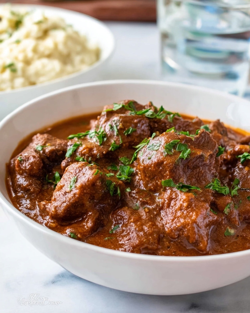 The image shows two side-by-side shots of a black cooking pot filled with small, browned pieces of meat. On the left, the meat is alone, evenly spread and cooked to a rich brown color with a slightly crispy texture. On the right, the same meat is mixed with diced onions and red bell peppers, creating a colorful contrast with the brown meat and the white marbled surface under the pot. The vegetables add white and bright red layers scattered throughout the meat, giving it a fresh and vibrant look. The pots rest on a white marbled surface with good lighting, showing a clear view of each ingredient. photo taken with an iphone --ar 4:5 --v 7