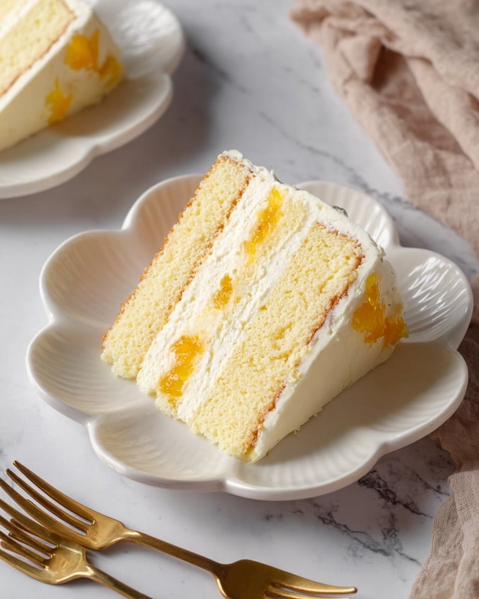 A slice of three-layer light yellow sponge cake is placed in the center of a white flower-shaped plate on a white marbled surface. The cake has two thin layers of white cream filling, each containing small chunks of orange fruit. The texture of the cake looks soft and airy, while the cream appears smooth and light. On the plate in the foreground, there are three golden forks, and part of a beige cloth is visible in the upper right corner. Photo taken with an iphone --ar 4:5 --v 7
