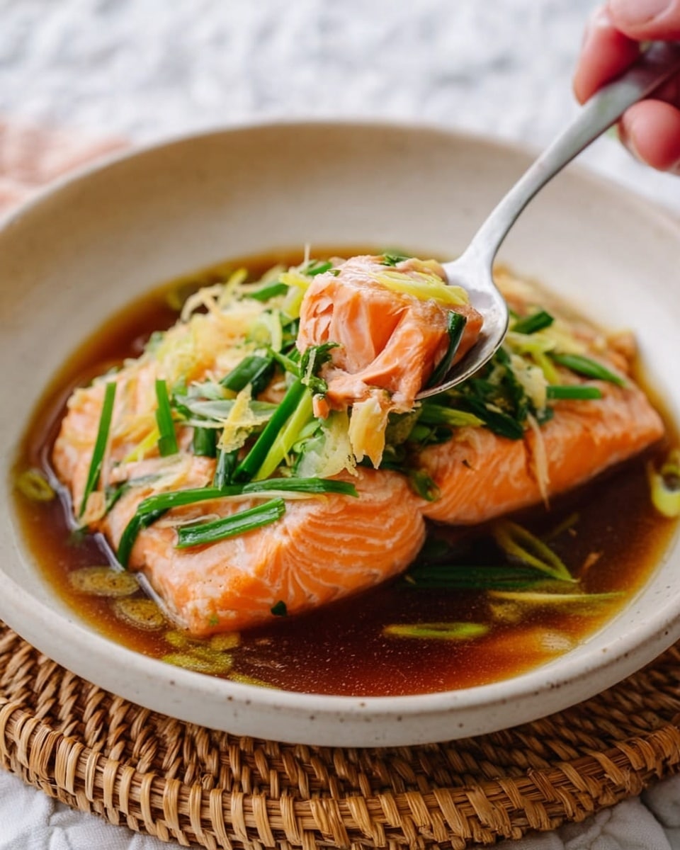 A white shallow bowl holds a thick salmon fillet with visible light orange and pink layers, sitting in a dark brown broth. On top of the salmon, there are thin slices of bright green spring onions and thin pale yellow strips of ginger scattered around. A woman's hand holds a silver spoon that has scooped a chunk of the salmon along with some green onions, lifting it slightly above the bowl. The bowl rests on a light-colored woven surface with a white marbled background beneath. photo taken with an iphone --ar 4:5 --v 7