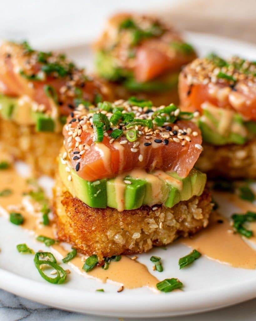 Crispy Rice Sushi Squares with Smoked Salmon and Bang Bang Sauce Recipe