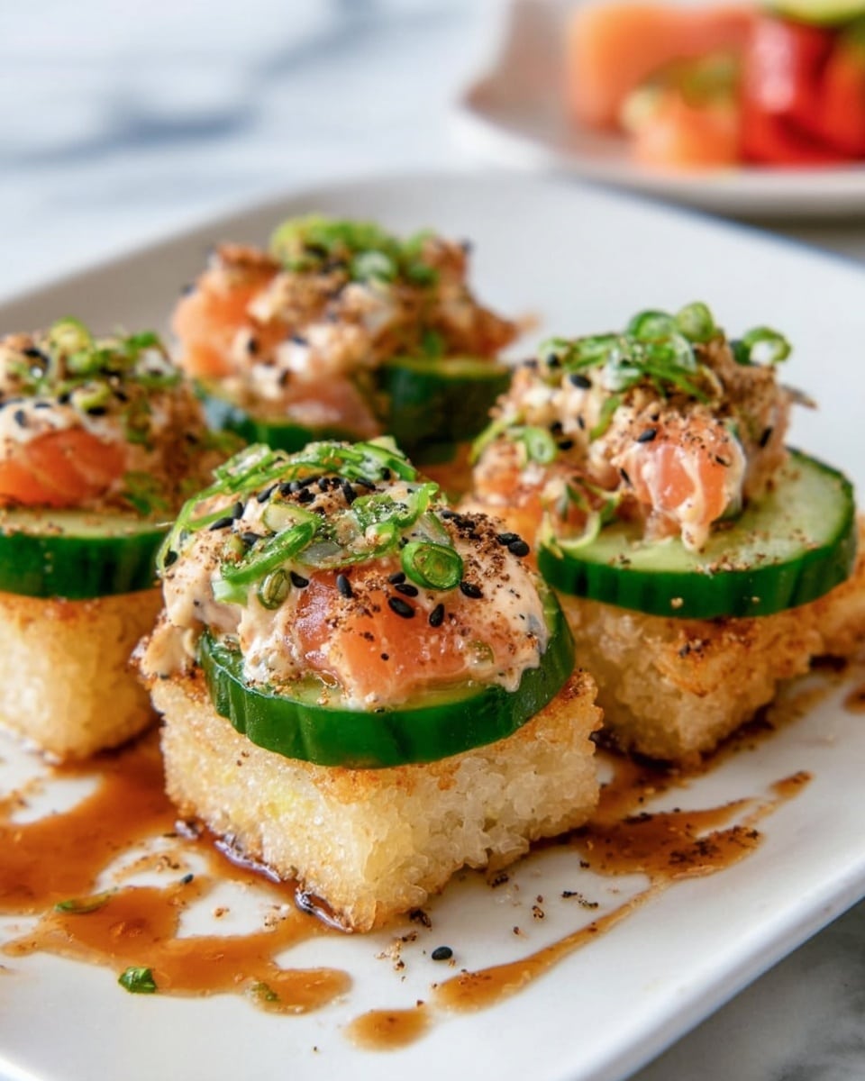 The image shows small square-shaped golden crispy rice cakes as the bottom layer, with three slices of fresh green cucumber neatly placed on top of each rice cake. On the cucumber slices, there is a layer of pinkish-orange salmon mixed with light creamy sauce sprinkled with finely chopped green onions and black sesame seeds. The dish is presented on a white plate with a drizzle of brown sauce around the rice cakes. The background features a white marbled surface with blurred elements in the distance. Photo taken with an iphone --ar 4:5 --v 7