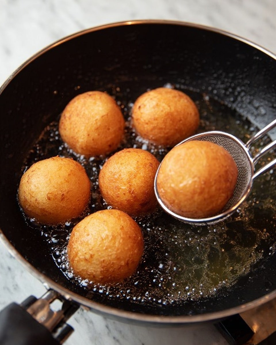 A close-up image showing five round, golden brown fried balls being lifted from hot oil with a metal slotted spoon inside a black frying pan. One more golden ball is still frying in the oil, visible in the background. The frying pan has a handle with a black grip, and the scene is set on a white marbled surface. The balls have a smooth, slightly shiny surface from frying. photo taken with an iphone --ar 4:5 --v 7
