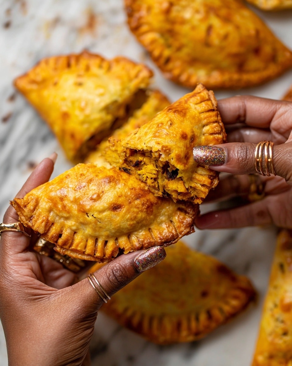 A close-up image shows a folded, golden-brown pastry with a jagged edge layered with darker brown cooked filling inside. The flaky crust has small indentations along the edges and a slightly uneven, textured surface. The pastry is held gently by two dark-skinned woman's hands with decorated nails featuring brown and gold details and a visible bracelet on one wrist. Behind the pastry, several more pastries in the same golden-brown tone lay on a white marbled surface, slightly blurred to emphasize the focus on the held pastry. Photo taken with an iphone --ar 4:5 --v 7