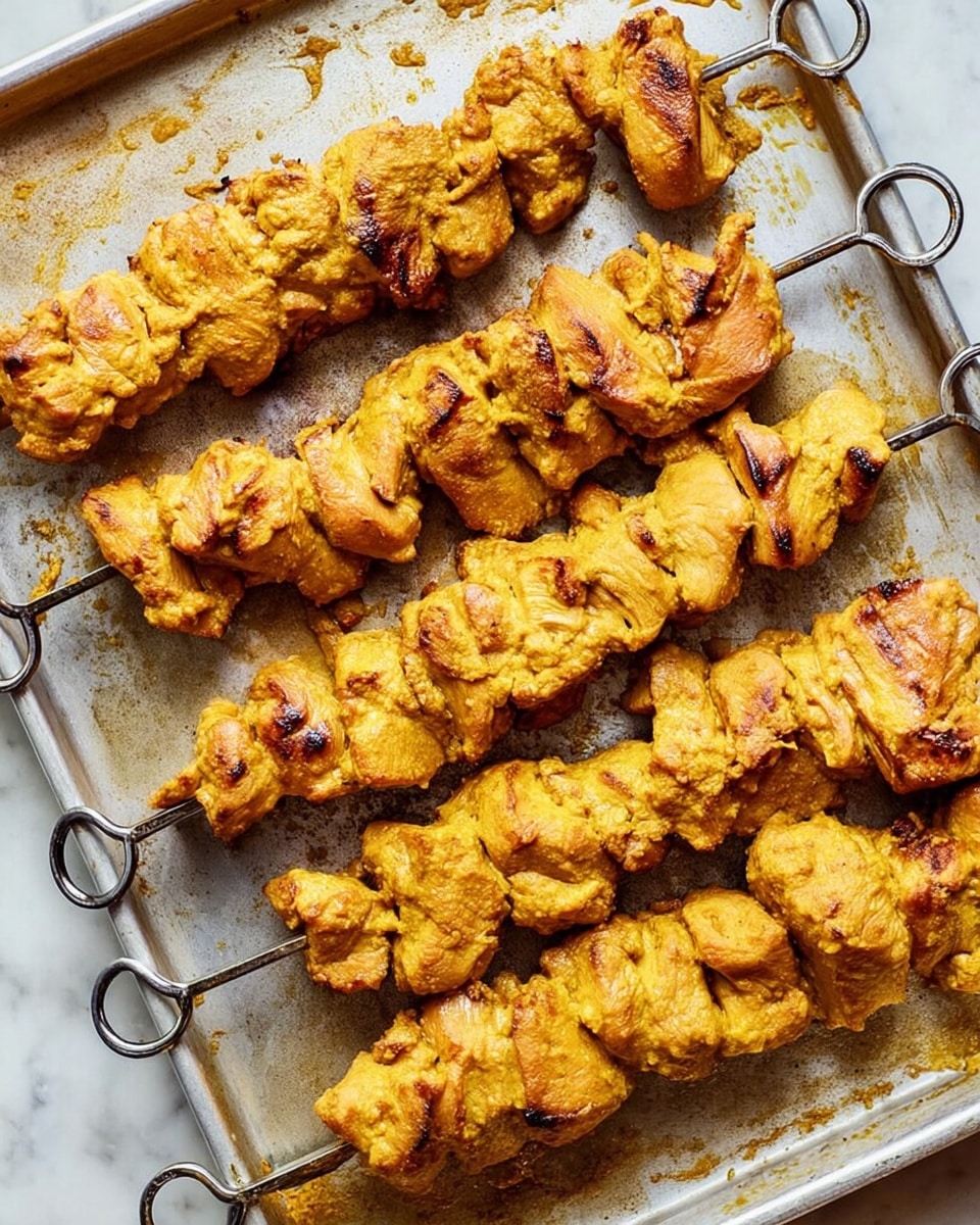 The image shows eight metal skewers laid out on a silver tray with a white marbled texture background. Each skewer is loaded with thick pieces of yellow-orange marinated chicken, covered in a creamy sauce with a rough texture. The chicken pieces are uneven in shape but packed closely together, and the bright mustard color coating gives a rich and spiced look to the dish. The metal skewers have looped ends, and the tray has some smears of the marinade, adding to the rustic feel of prepared food ready for cooking photo taken with an iphone --ar 4:5 --v 7