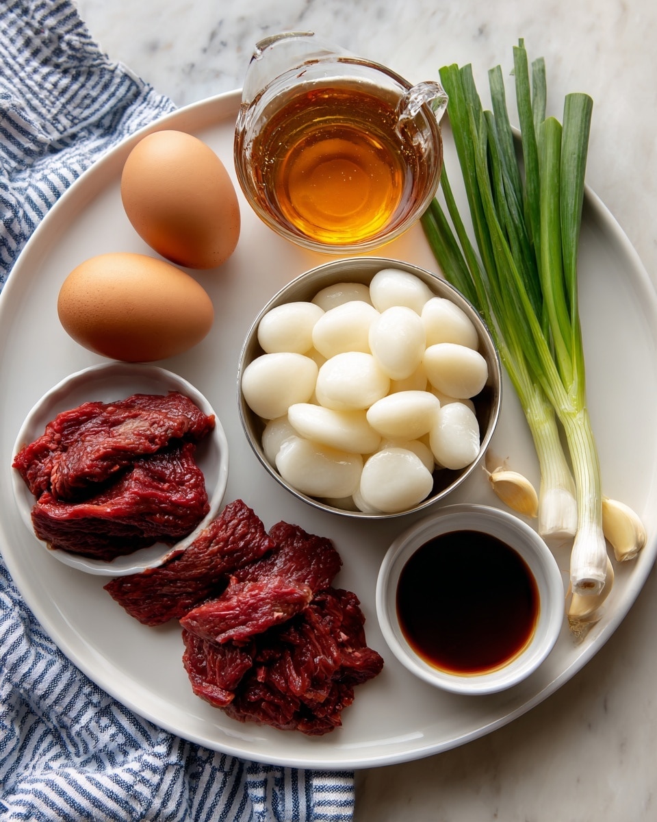 The image shows a white round plate on a white marbled surface with several ingredients arranged neatly. At the top, there is a clear glass measuring cup filled with golden-brown stock. Below it in the center is a small steel bowl filled with thin, oval white Korean rice cakes (tteok). To the left, there are two brown eggs resting on the plate. At the bottom left, a small white bowl contains raw red beef strips. Next to the beef, there are three peeled garlic cloves placed directly on the plate. To the right of the garlic, a small white bowl holds dark brown soy sauce. On the far right side of the plate, three fresh green onions with white and green sections lay diagonally. A blue and white striped cloth is visible behind the plate. photo taken with an iphone --ar 4:5 --v 7