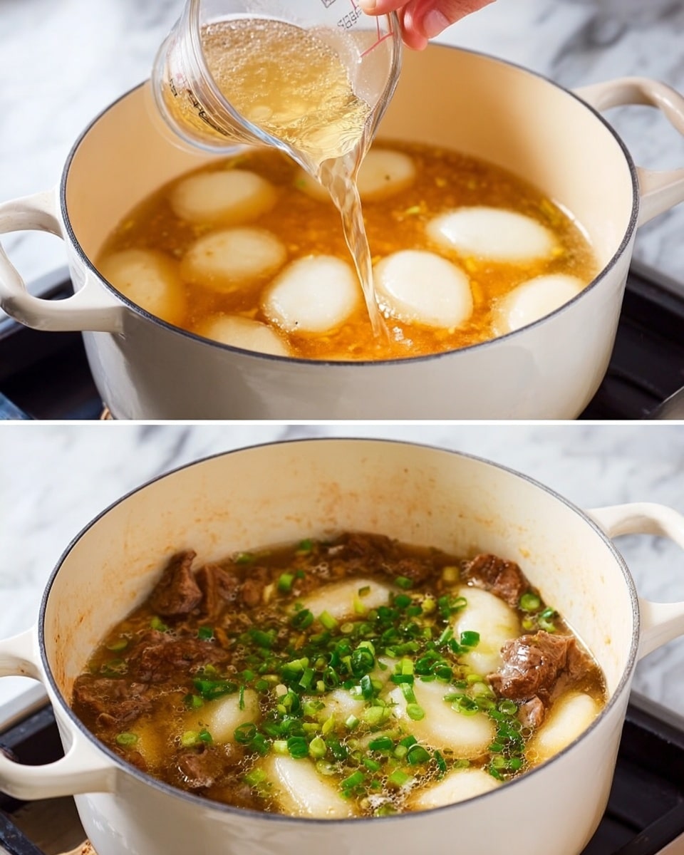 The image shows a white pot on a stove with a white marbled surface in the background. In the first part of the image, a woman's hand is pouring clear broth from a glass measuring cup into the pot that contains oval white rice cake pieces soaking in brown cooked beef bits at the bottom. In the second part, the pot is filled with light golden broth, the white oval rice cakes floating, along with tender brown beef pieces, and topped with chopped bright green scallions. The liquid looks clear and warm, with gentle bubbles on the surface. Photo taken with an iphone --ar 4:5 --v 7