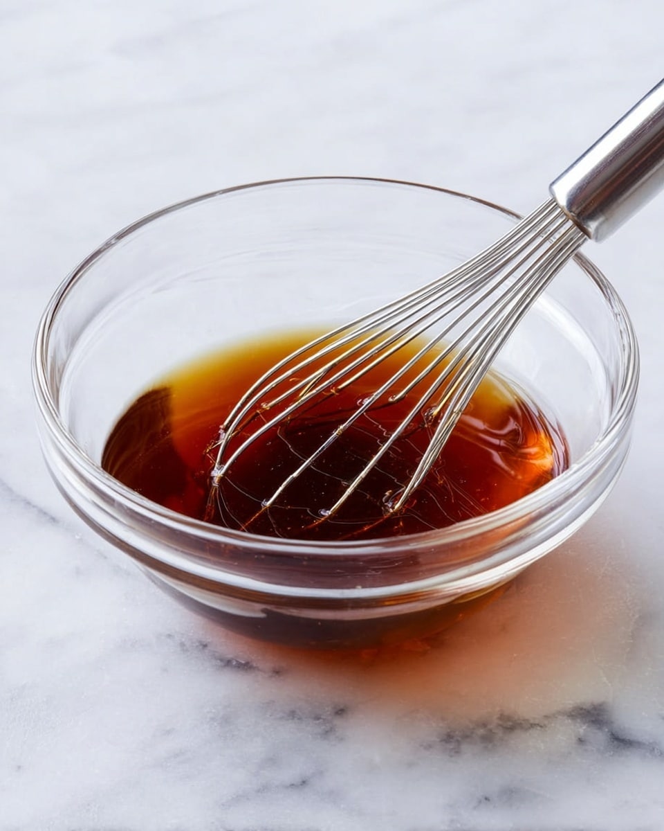 A clear glass bowl sits on a white marbled surface, filled with a shiny, dark amber liquid that is smooth and slightly thick. Inside the bowl, a silver metal whisk is partially submerged in the liquid, its thin wires reflecting light, adding a subtle shine. The bowl is simple and round, showing the liquid clearly and the whisk resting at an angle. photo taken with an iphone --ar 4:5 --v 7