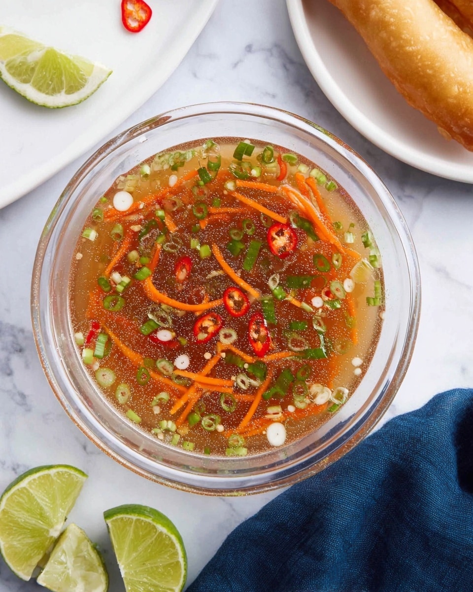 A clear round glass bowl sits on a white marbled surface, filled with a light brown liquid visible through the transparent bowl. Floating on the top are thin, long orange carrot strips, small sliced red chili pieces with white seeds, and small green onion rings scattered evenly. Around the bowl on the white marbled surface are lime wedges with bright green skin and pale green inside, part of a folded dark blue cloth is partially visible under the bowl, and a white plate with a golden brown fried roll sits near the top right corner. Photo taken with an iphone --ar 4:5 --v 7