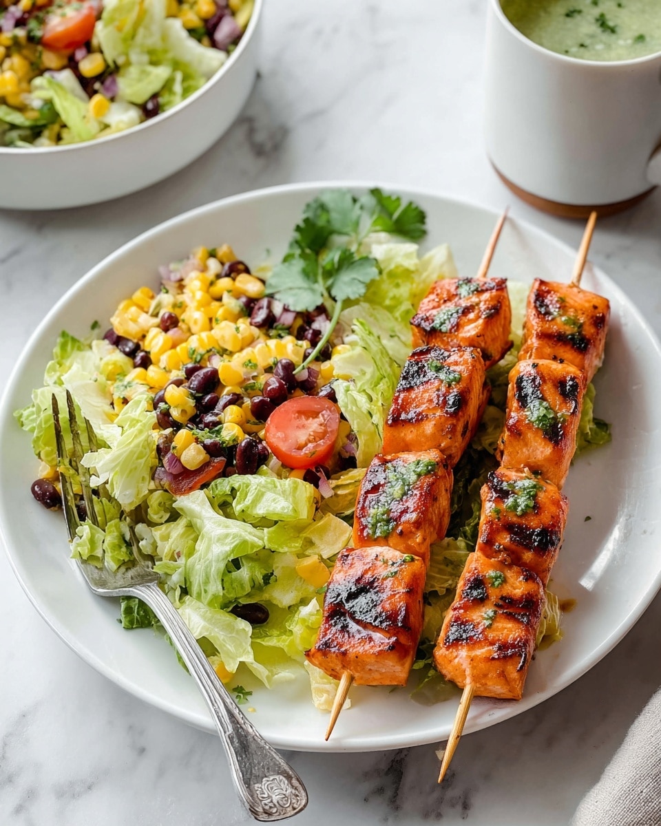 A white plate holds two wooden skewers with four shiny, golden-brown grilled pieces of fish each, glazed with a sticky, reddish sauce with visible grill marks and small green herb leaves on top. Next to the skewers is a fresh salad with light green chopped lettuce, bright yellow grilled corn pieces, halved red cherry tomatoes, small black beans, and bits of avocado, all mixed and sprinkled lightly with black pepper and green herb leaves. A silver fork rests on the left side of the plate, and the background shows a white marbled surface with a partial view of another white plate with similar salad and a white cup. Photo taken with an iphone --ar 4:5 --v 7