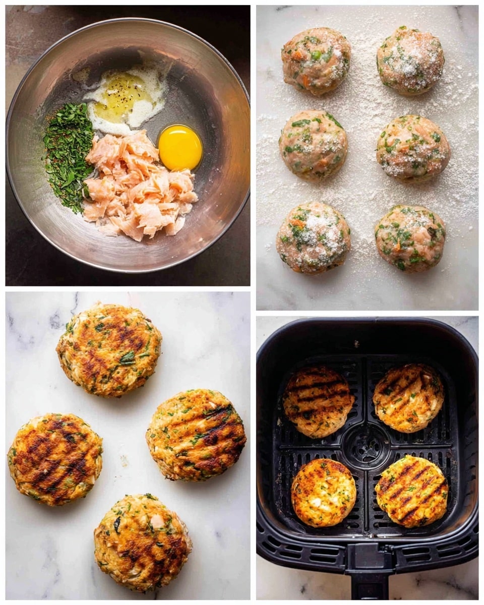The image is divided into four parts showing different stages of making salmon patties. The first part shows a large metal bowl with a mix of ingredients containing raw salmon pieces, an egg yolk, green herbs, and some white powder, all placed on a white marbled surface. The second part shows six round salmon patties placed on a white marbled surface with some white powder sprinkled around them, showing a mix of pink salmon and green herbs. The third part shows six uncooked salmon patties arranged inside a black air fryer basket. The last part shows six cooked salmon patties in the same basket, with a golden-brown crispy surface and grill marks. photo taken with an iphone --ar 4:5 --v 7