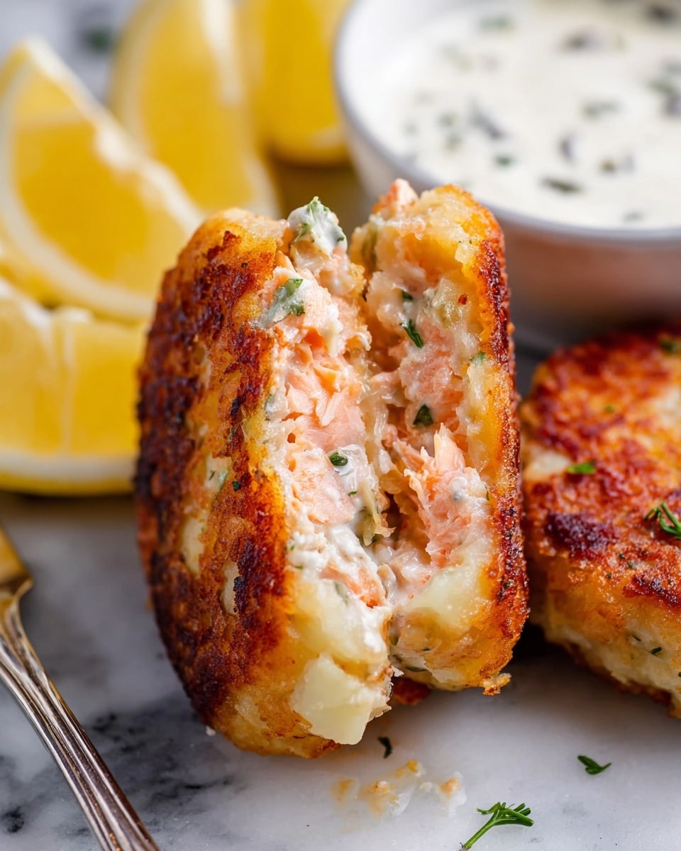 The image shows two thick pieces of a salmon cake, broken apart to reveal the inside layers. The outside layer is golden brown and crispy, while the inside is soft and creamy with chunks of pink salmon mixed with white potatoes and small green herbs. Behind the salmon cakes are yellow lemon wedges, and to the side is a white bowl with a creamy white dipping sauce that has small green and black specks. The food is placed on a white marbled surface with a silver fork visible on the left side. Photo taken with an iphone --ar 4:5 --v 7