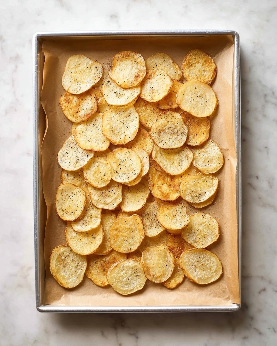 A silver baking tray lined with light brown parchment paper holds a single layer of thin, round potato slices. The slices are lightly browned with slight variations in color, some with a golden tint and others more pale beige, showing a crisp texture with specks of black pepper seasoning. The tray sits on a white marbled surface, visible around the edges. photo taken with an iphone --ar 4:5 --v 7