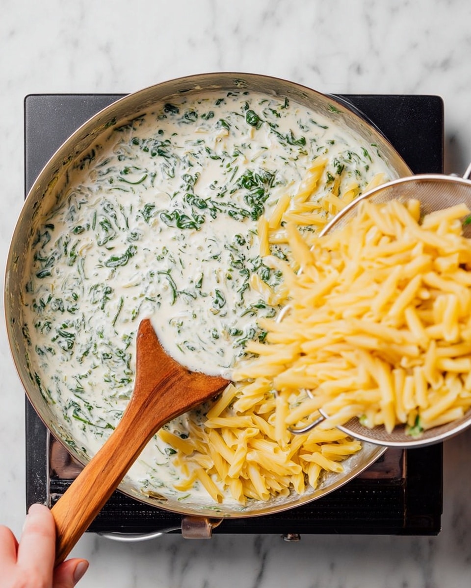 The image shows a pan on a stove with creamy spinach sauce covering about half of the pan. The sauce is white with green spinach pieces mixed in, giving it a textured look. On the right side of the pan, there are yellow cooked pasta pieces being poured in from a colander held by a woman's hand. A wooden spoon rests in the sauce on the left side of the pan. The stove and pan are set on a white marbled surface. photo taken with an iphone --ar 4:5 --v 7