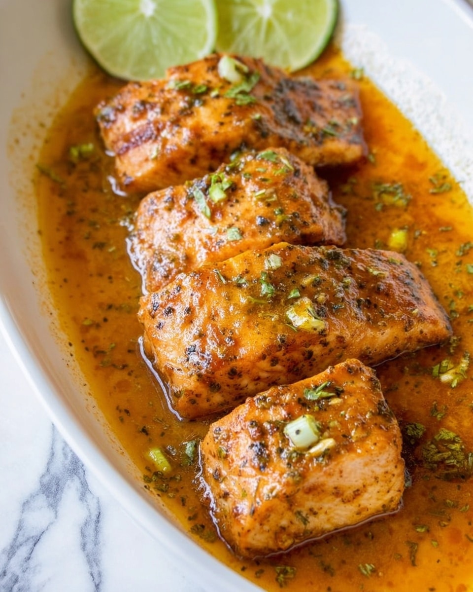The image shows several cooked fish fillets in a white dish with a shiny, orange-brown sauce covering them. The fish looks seasoned with herbs and small green pieces scattered on top. A half slice of lime sits on the left edge of the dish. The sauce has a glossy texture and pools around the fish pieces, creating a warm and inviting look. The dish is placed on a surface with a white marbled texture, adding a clean and fresh feel to the scene. photo taken with an iphone --ar 4:5 --v 7
