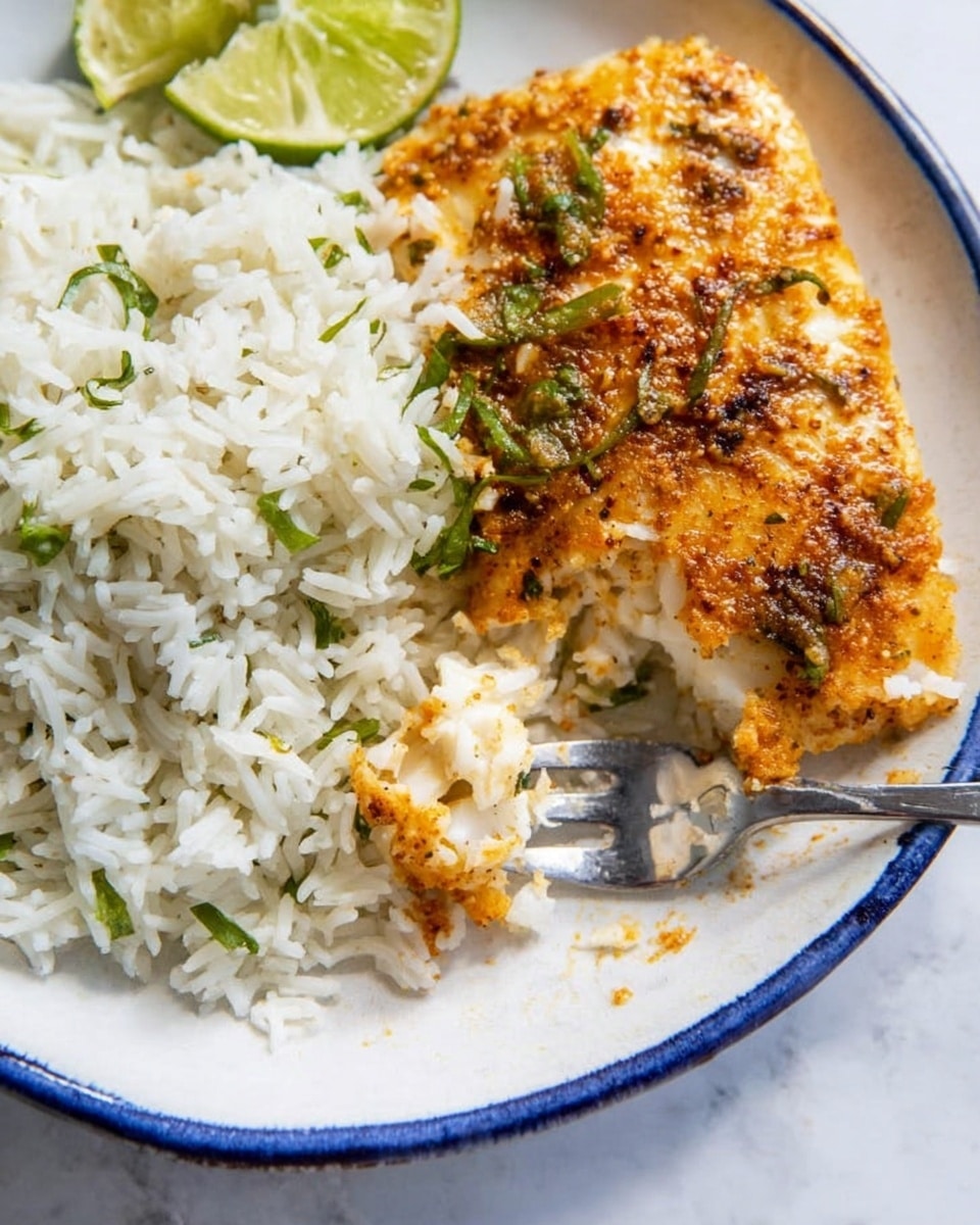 A close-up of a white plate with a blue rim on a white marbled surface shows two main layers: fluffy white rice mixed with small bits of green herbs, positioned on the left side, and a thick piece of golden-brown fish with a textured seasoning crust on top, placed on the right side. A piece of lime wedge is near the rice on the top left, adding a touch of green. A silver fork with a shiny finish pokes into the fish, breaking a chunk off, showing the soft white inside of the fish under the crust. Photo taken with an iphone --ar 4:5 --v 7