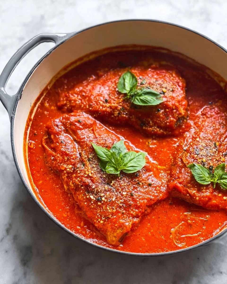 The image shows four steps of making a creamy tomato chicken dish on a white marbled background. The first step is a close-up of a food processor filled with finely blended bright red tomato sauce that has a thick, textured consistency. Next, a white pot contains a smooth, rich orange-colored creamy sauce being stirred with a black spatula. The third step displays a white plate with three cooked chicken pieces, golden brown and seasoned with black pepper, showing a grilled texture. The last step shows the same white pot now filled with the orange sauce, with the three seasoned cooked chicken pieces placed on top, partially covered by the sauce. photo taken with an iphone --ar 4:5 --v 7
