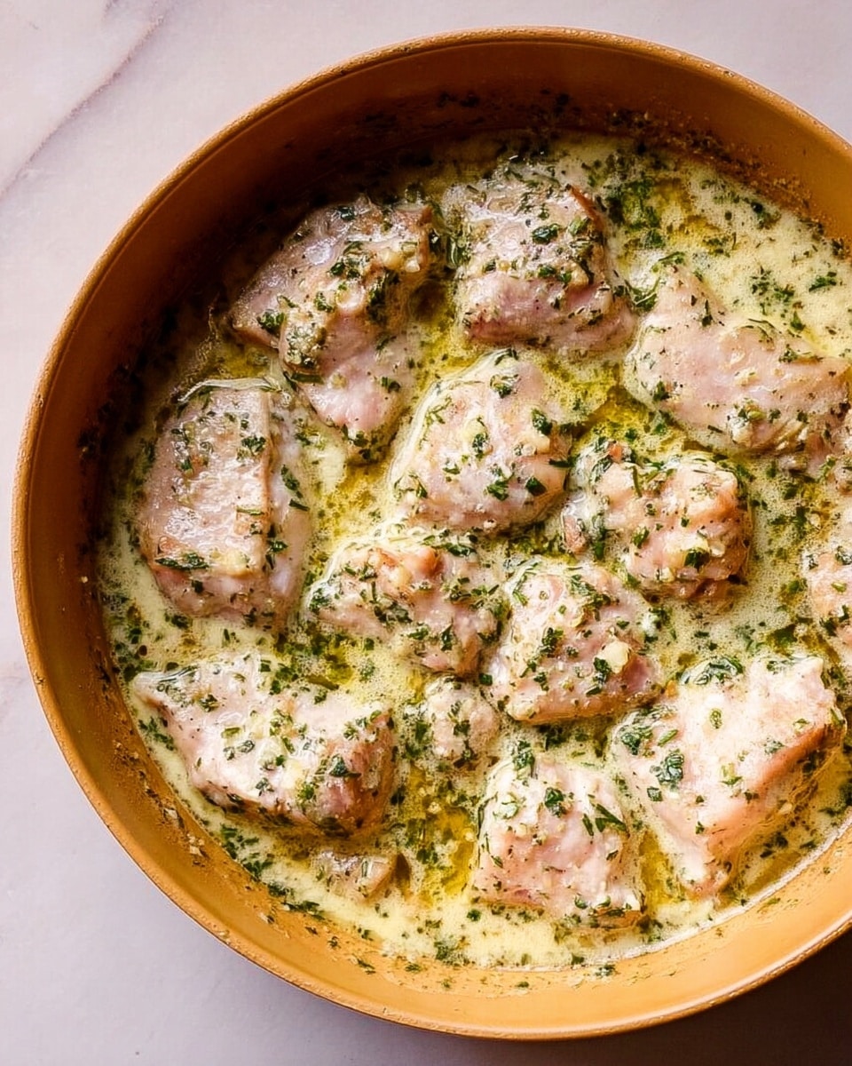 A close-up view of a round shallow pan filled with several pieces of cooked light pink chicken in a creamy sauce that is heavily speckled with green herbs and oil, giving it a slightly shiny texture. The chicken pieces are uneven in size and partly submerged in the sauce that has a smooth and thick look. The pan sits on a white marbled surface. photo taken with an iphone --ar 4:5 --v 7