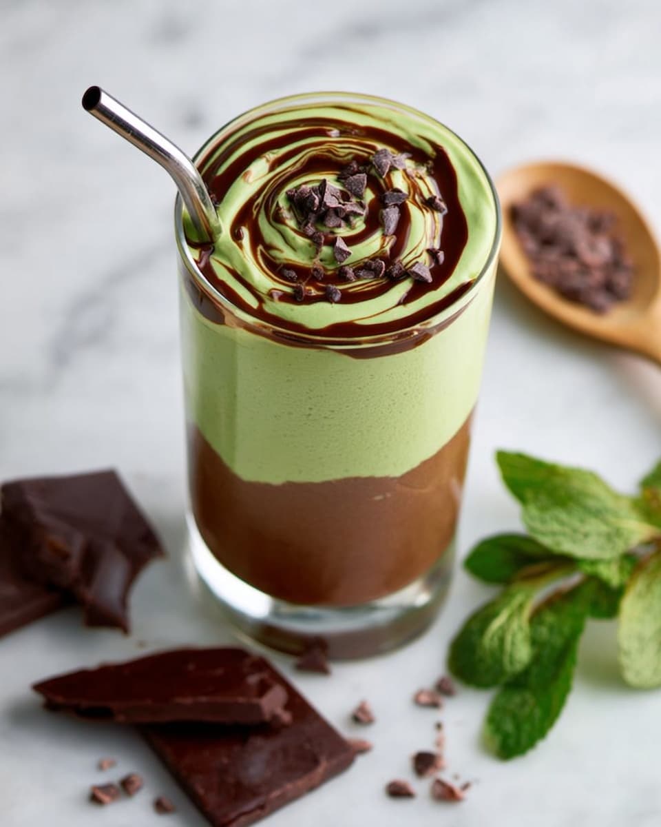 A clear glass filled with two visible layers: a thick, dark brown chocolate layer at the bottom and sides that looks smooth and rich, swirling upwards inside the glass, topped by a thicker, light green layer with a creamy and smooth texture covering most of the glass, with some chocolate drips showing through. A silver metal straw is inserted into the glass, slightly angled. In front of the glass are three small dark chocolate pieces and some fresh green spinach leaves, all placed on a white marbled surface with a small copper measuring cup filled with dark cocoa powder in the background. Photo taken with an iphone --ar 4:5 --v 7