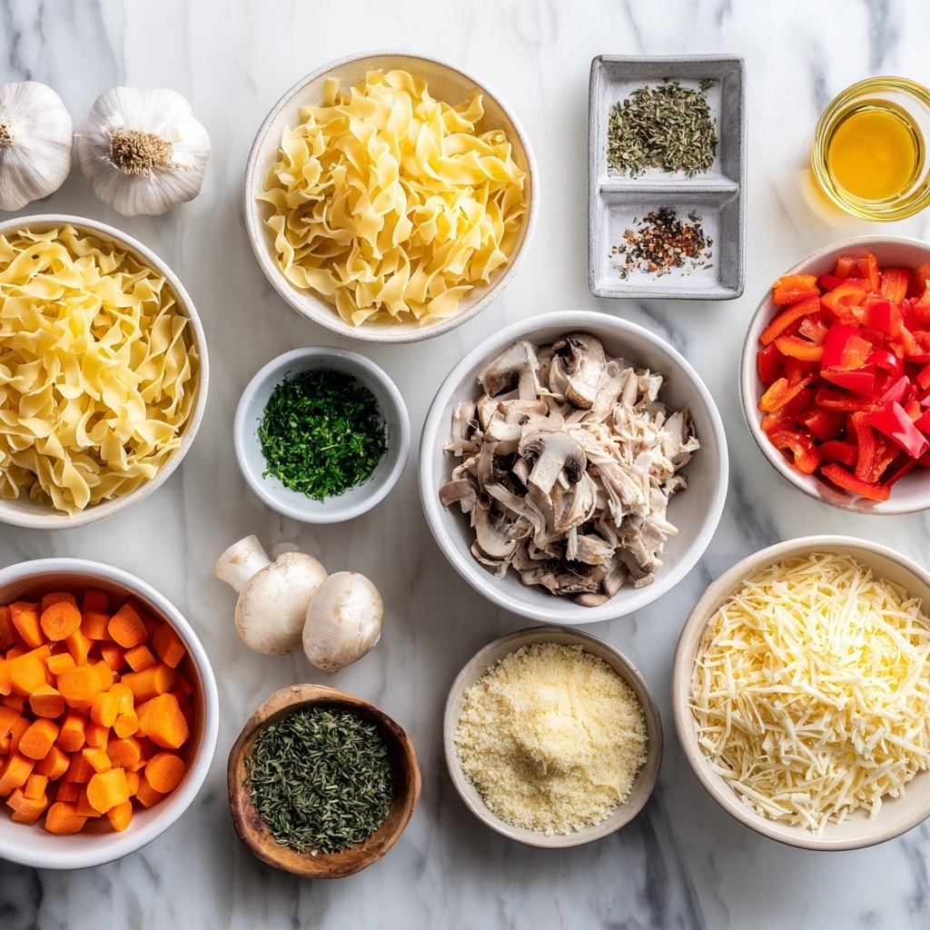 A white baking dish filled with a layered casserole, starting with a base of creamy pasta noodles mixed with bright green peas and small pieces of red and orange bell peppers. Scattered on top are slices of brown mushrooms, and the dish is covered with a golden-brown layer of melted cheese and crunchy breadcrumb topping with visible herbs sprinkled throughout. The dish rests on a wooden trivet over a white marbled surface, with two fresh orange carrots slightly blurred in the background. photo taken with an iphone --ar 4:5 --v 7