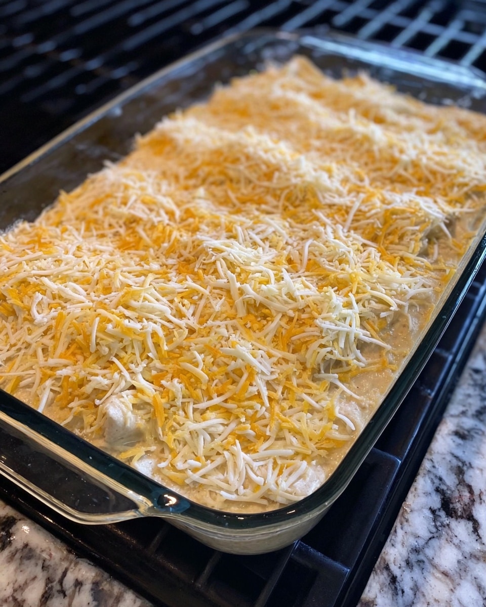 A clear glass rectangular baking dish filled with layers of food, the top layer covered in a thick mix of shredded yellow and white cheese. The cheese is spread evenly and looks soft and slightly creamy underneath, showing hints of a sauce or mixture beneath it. The dish rests on a white marbled surface with a dark grill or stove background visible. Photo taken with an iphone --ar 4:5 --v 7