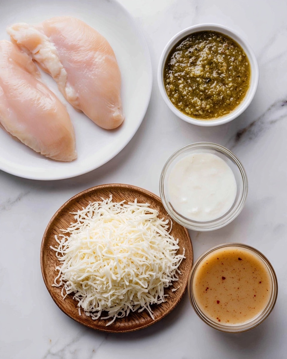 The image shows a close-up of several ingredients placed on a white marbled surface. On the left, two raw pieces of pale pink chicken lay on a white plate. A round wooden tray holds four containers: a small white bowl filled with green salsa having a slightly thick and textured consistency, a glass bowl with smooth white sour cream, a white bowl piled high with shredded white cheese, and a tall clear jar filled with brown broth or stock. In the lower right corner, there is another glass bowl containing a light brown sauce with a smooth texture and small red specks. photo taken with an iphone --ar 4:5 --v 7