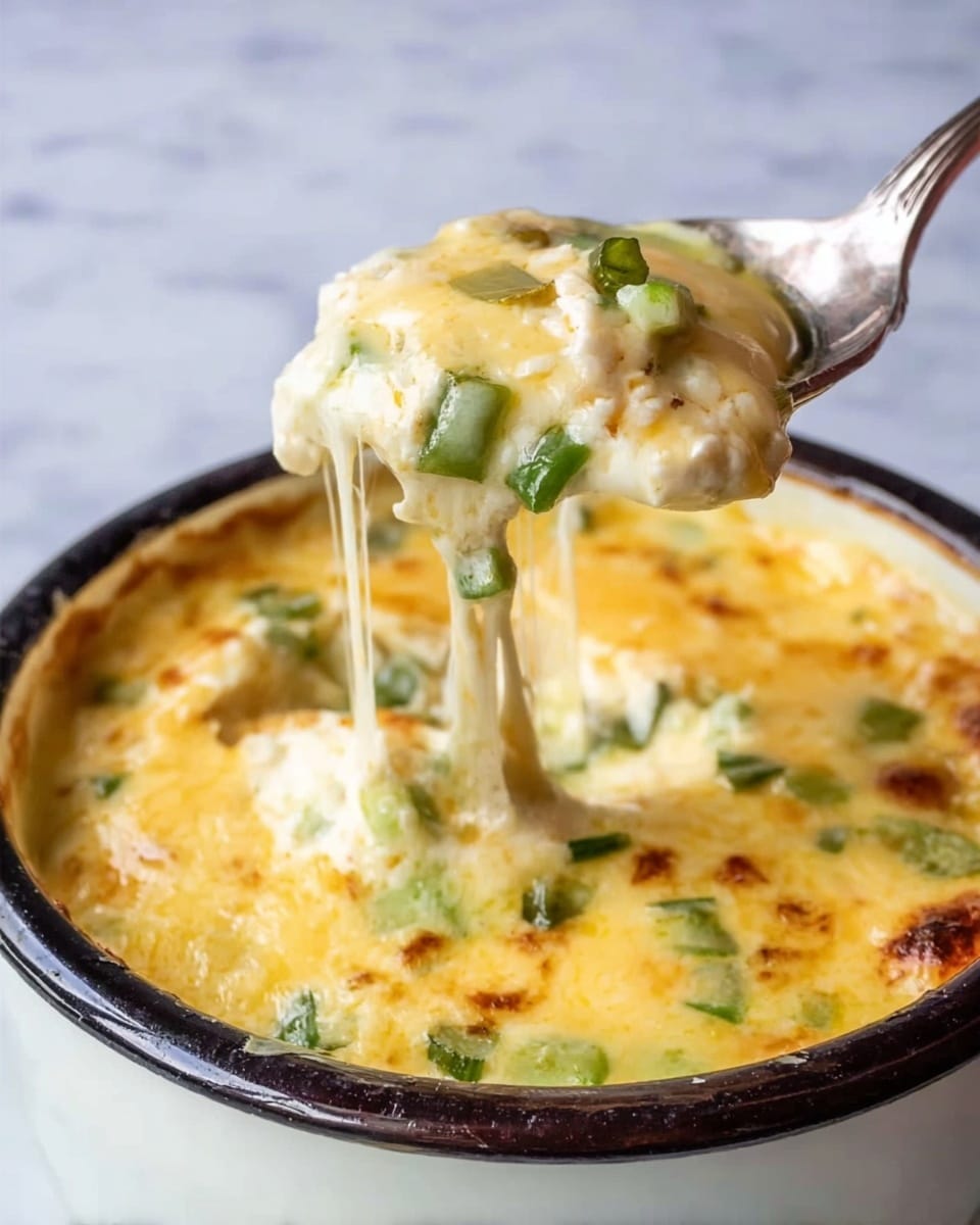 The image shows a close-up of a spoon lifting a cheesy, creamy dish from a white bowl with a dark rim. The dish has one main layer of melted light yellow cheese mixed with cream, creating a thick and smooth texture. Small green pieces of onion or herbs are scattered on top and within the cheese layer, adding contrast with their vibrant green color. The cheese stretches from the spoon to the bowl in thin strands, showing its melted softness, while the bowl sits on a white marbled surface. The spoon is held by a woman's hand visible at the top right corner. Photo taken with an iphone --ar 4:5 --v 7