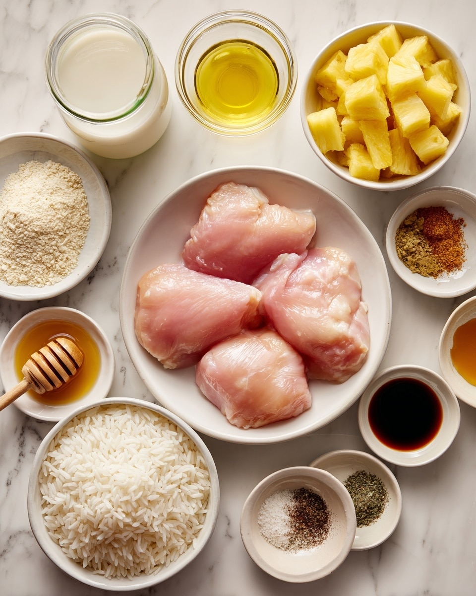 A white bowl at center holds four pieces of raw chicken meat with a smooth pink texture, placed on a white marbled surface. Above it, a white bowl contains yellow pineapple chunks with juice. To the right, small bowls with dark soy sauce, brown ginger powder, light brown garlic, and amber sesame oil are neatly arranged. Below, a white bowl is filled with plain white rice grains. Additional small bowls around include honey with a dipper, olive oil, garlic powder, and onion powder with a mix of salt and pepper in a small plate. A glass jar of creamy white coconut milk is to the top left. photo taken with an iphone --ar 4:5 --v 7