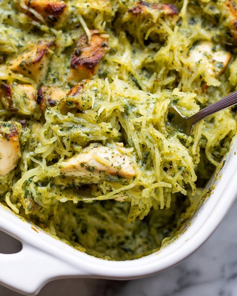 A close-up of a white casserole dish filled with a creamy green pasta mixture. The dish has two main layers: the first layer is made of shredded spaghetti squash strands that look soft and slightly wet with a bright green pesto sauce coating them. Mixed throughout the squash strands are pieces of light golden-brown grilled chicken with slightly crispy edges. The texture is thick and creamy with bits of darker green herbs visible in the pesto. A silver spoon is scooping some of the pasta and chicken, showing a mix of textures and colors. The background features a white marbled surface. photo taken with an iphone --ar 4:5 --v 7